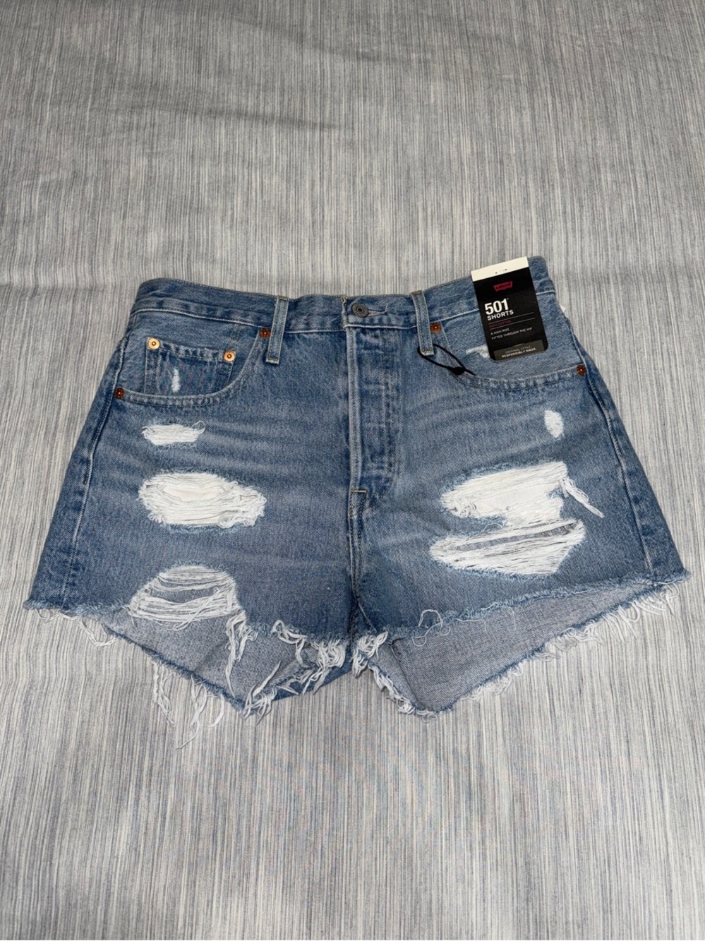 Levi's Premium Distressed Light Blue 501 Cutoff Denim Shorts